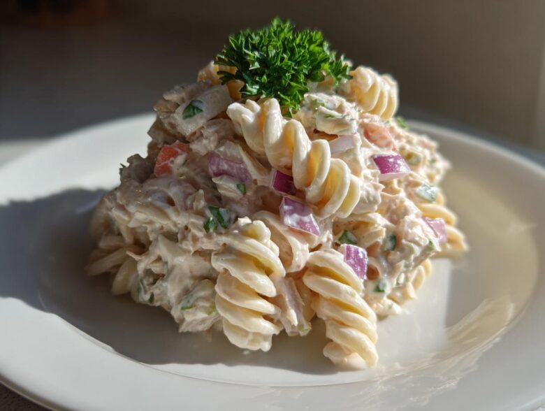 A mound of creamy tuna pasta salad made with rotini pasta, red onion, and topped with fresh parsley.