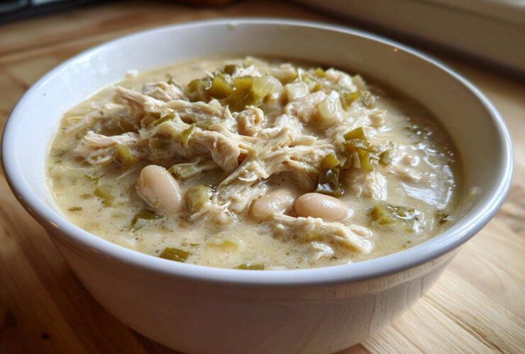 Close-up of a white bowl filled with creamy white chicken chili, featuring shredded chicken, white beans, and green chilies.