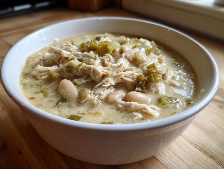 Close-up of a white bowl filled with creamy white chicken chili, featuring shredded chicken, white beans, and green chilies.