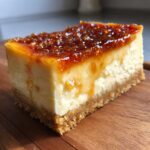 A perfect slice of creme brulee cheesecake showing a graham cracker crust, creamy filling, and a crackled, caramelized sugar topping.