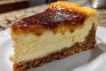 A close-up slice of creme brulee cheesecake featuring a creamy center and a dark, caramelized, torched sugar topping.