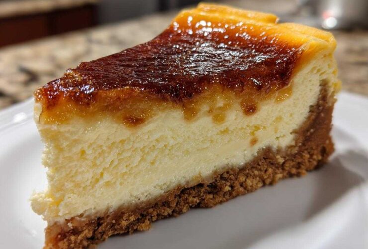 A close-up slice of creme brulee cheesecake featuring a creamy center and a dark, caramelized, torched sugar topping.