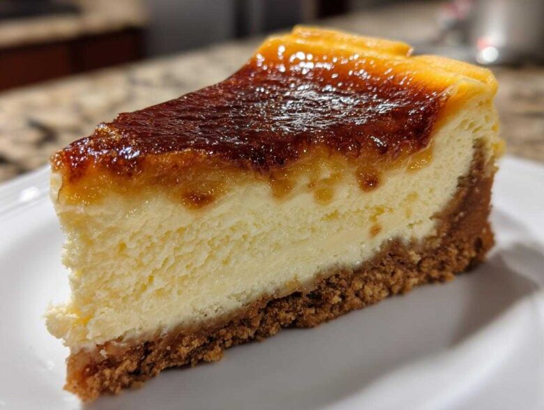 A close-up slice of creme brulee cheesecake featuring a creamy center and a dark, caramelized, torched sugar topping.
