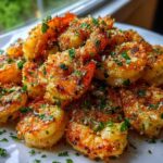 A mound of golden, crispy air fryer shrimp seasoned with garlic and topped with fresh chopped parsley.