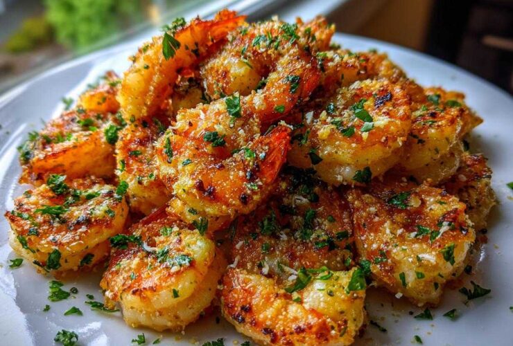 A mound of golden, crispy air fryer shrimp seasoned with garlic and topped with fresh chopped parsley.