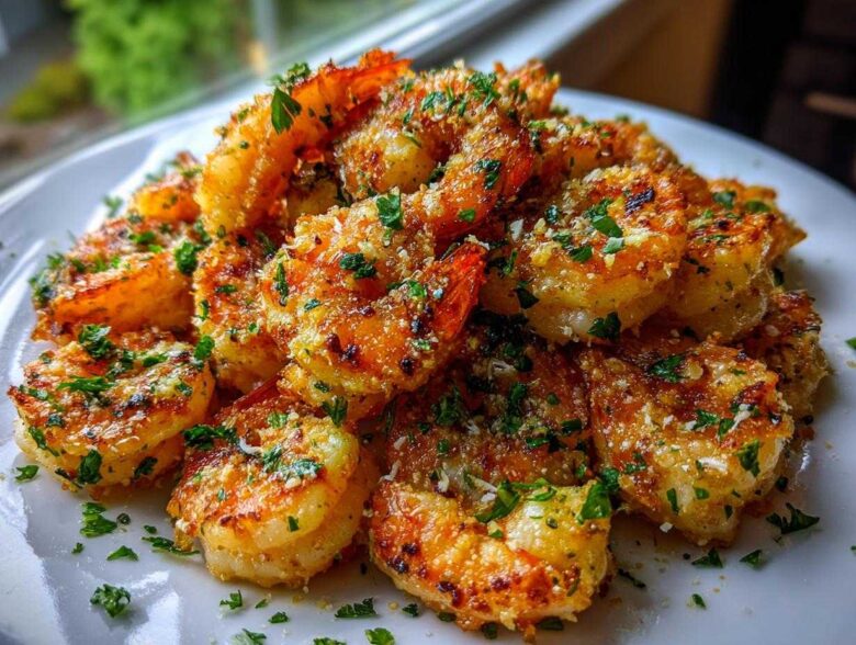 A mound of golden, crispy air fryer shrimp seasoned with garlic and topped with fresh chopped parsley.