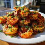 A close-up of a pile of golden, crispy air fryer shrimp garnished generously with fresh chopped parsley.