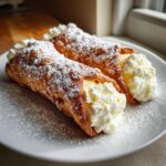 Two freshly made cannoli recipe pastries filled with cream and dusted heavily with powdered sugar.