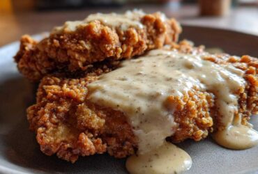 Two pieces of crispy, golden brown chicken fried steak smothered in rich, creamy white pepper gravy.