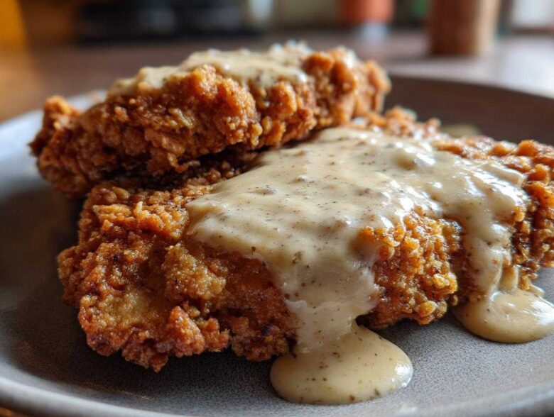 Two pieces of crispy, golden brown chicken fried steak smothered in rich, creamy white pepper gravy.