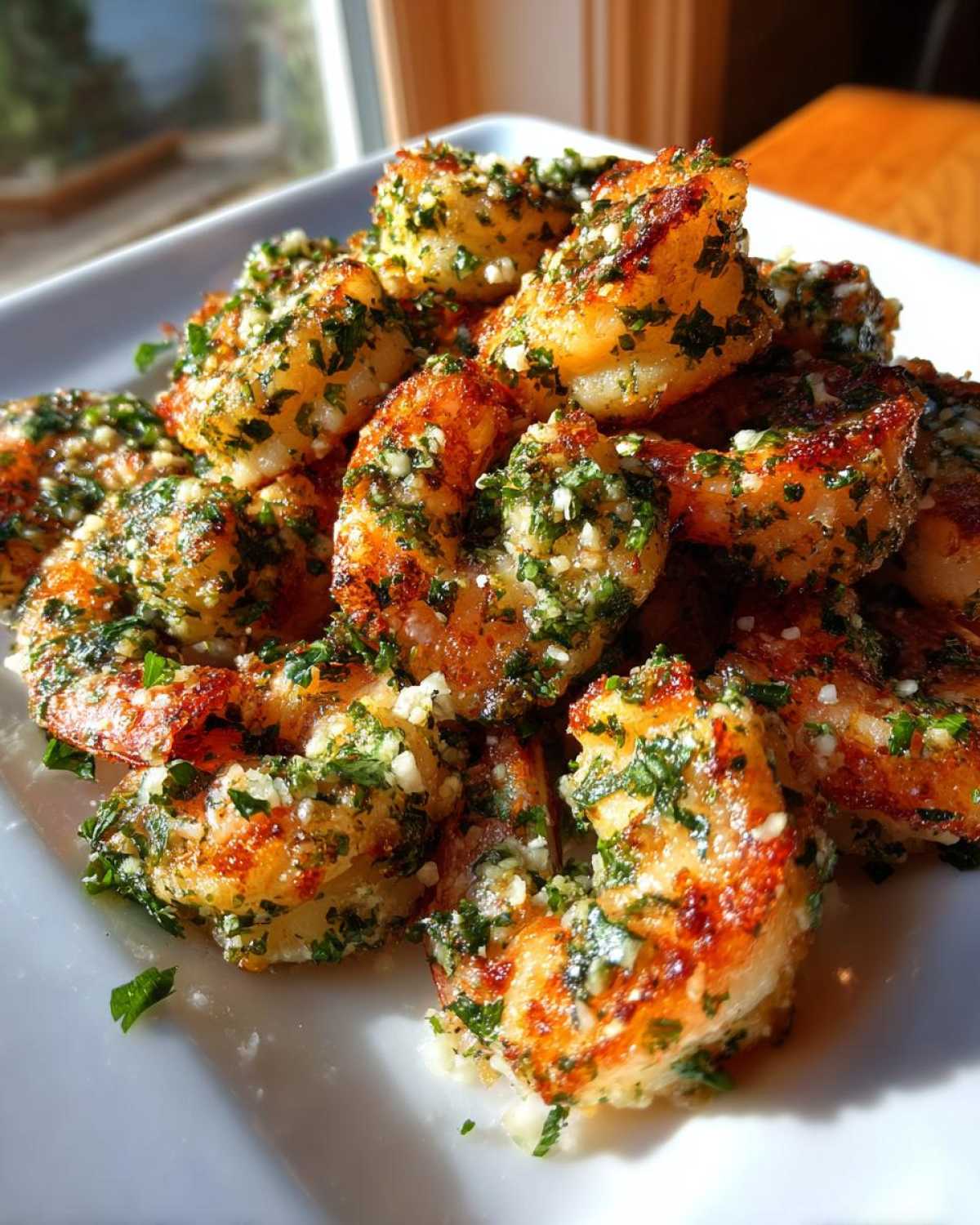 Close-up of perfectly cooked, crispy air fryer shrimp seasoned with garlic and fresh parsley.