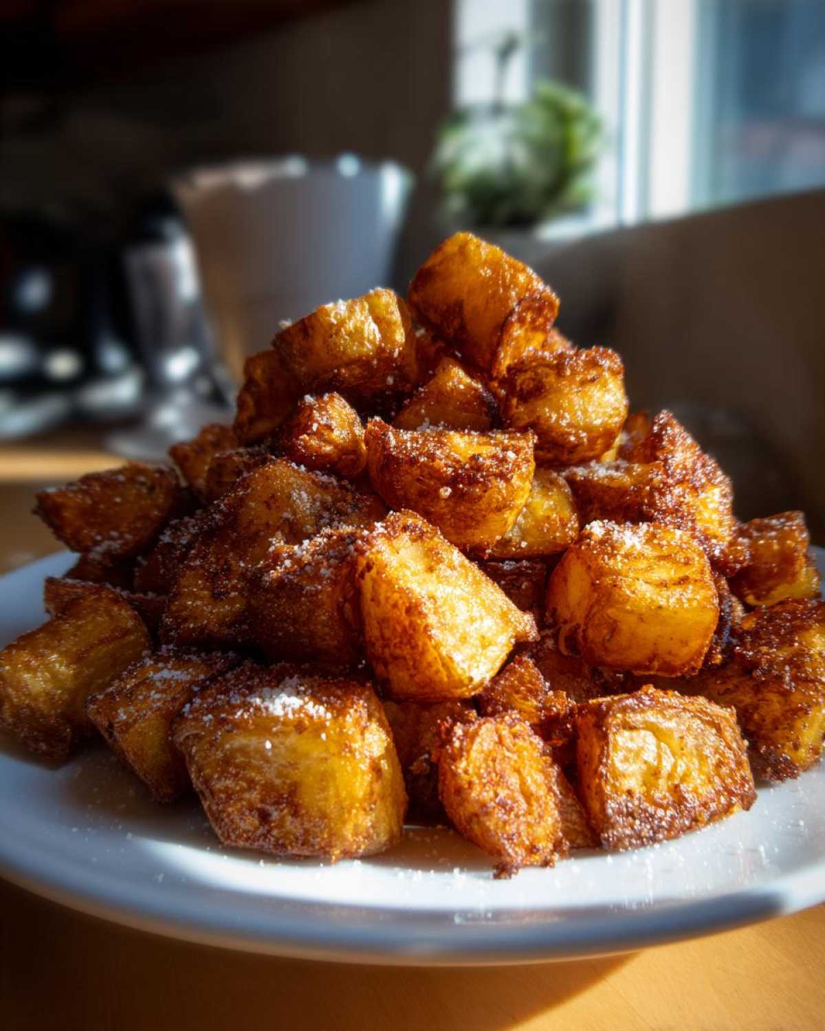 A mound of golden, crispy roasted Mexican Potatoes sprinkled with white seasoning on a white plate.