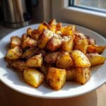 A plate piled high with golden, crispy roasted Mexican potatoes seasoned with dark spices and a sprinkle of white cheese.