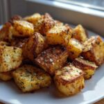 A pile of golden, crispy roasted Mexican potatoes seasoned with herbs and salt on a white plate.
