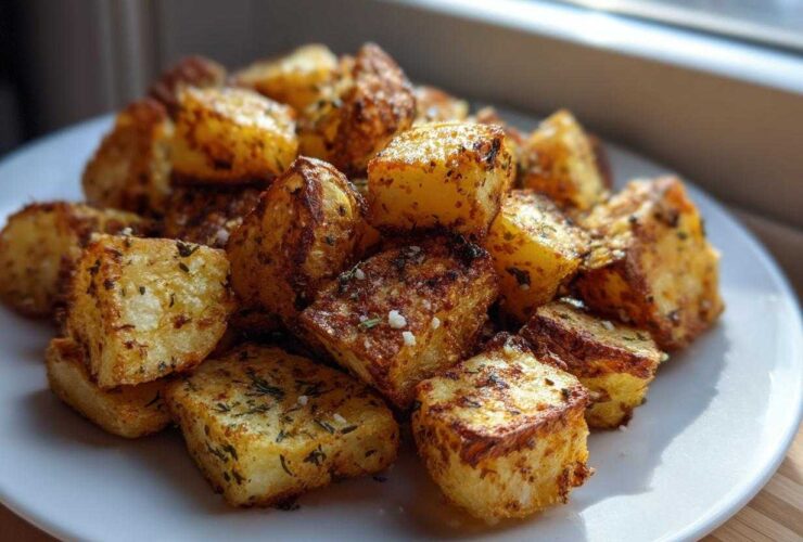A pile of golden, crispy roasted Mexican potatoes seasoned with herbs and salt on a white plate.