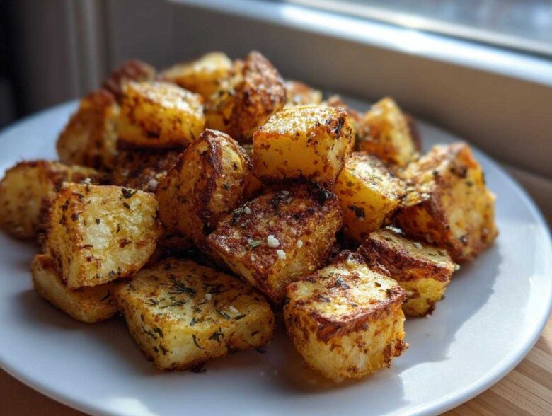 A pile of golden, crispy roasted Mexican potatoes seasoned with herbs and salt on a white plate.