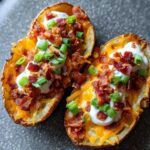 Close-up of two crispy potato skins loaded with melted cheddar cheese, bacon bits, sour cream, and green onions.