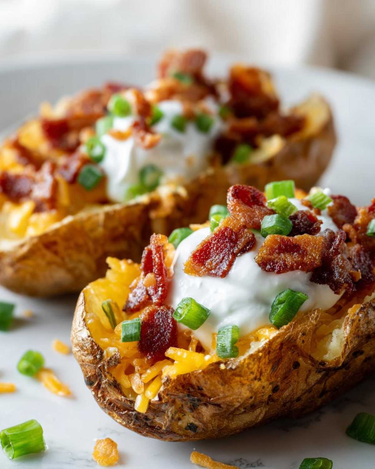 Close-up of a crispy baked potato skins loaded with melted cheese, sour cream, bacon bits, and green onions.