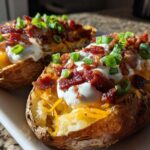 Three loaded potato skins filled with melted cheese, sour cream, bacon bits, and green onions.