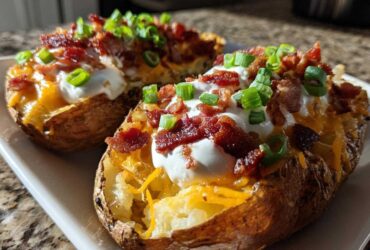 Three loaded potato skins filled with melted cheese, sour cream, bacon bits, and green onions.