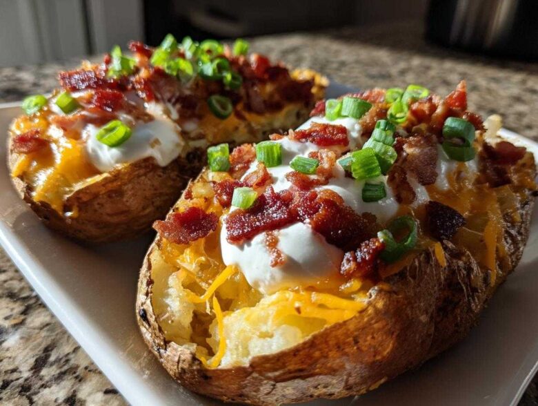 Three loaded potato skins filled with melted cheese, sour cream, bacon bits, and green onions.