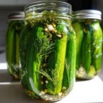 Close-up of fresh refrigerator pickles packed tightly in a glass mason jar with dill and garlic.