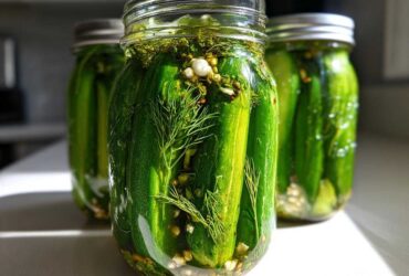 Close-up of fresh refrigerator pickles packed tightly in a glass mason jar with dill and garlic.