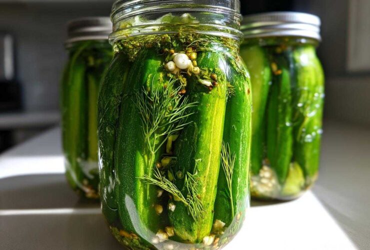 Close-up of fresh refrigerator pickles packed tightly in a glass mason jar with dill and garlic.