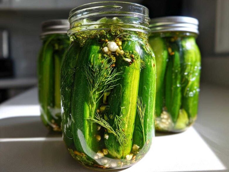 Close-up of fresh refrigerator pickles packed tightly in a glass mason jar with dill and garlic.