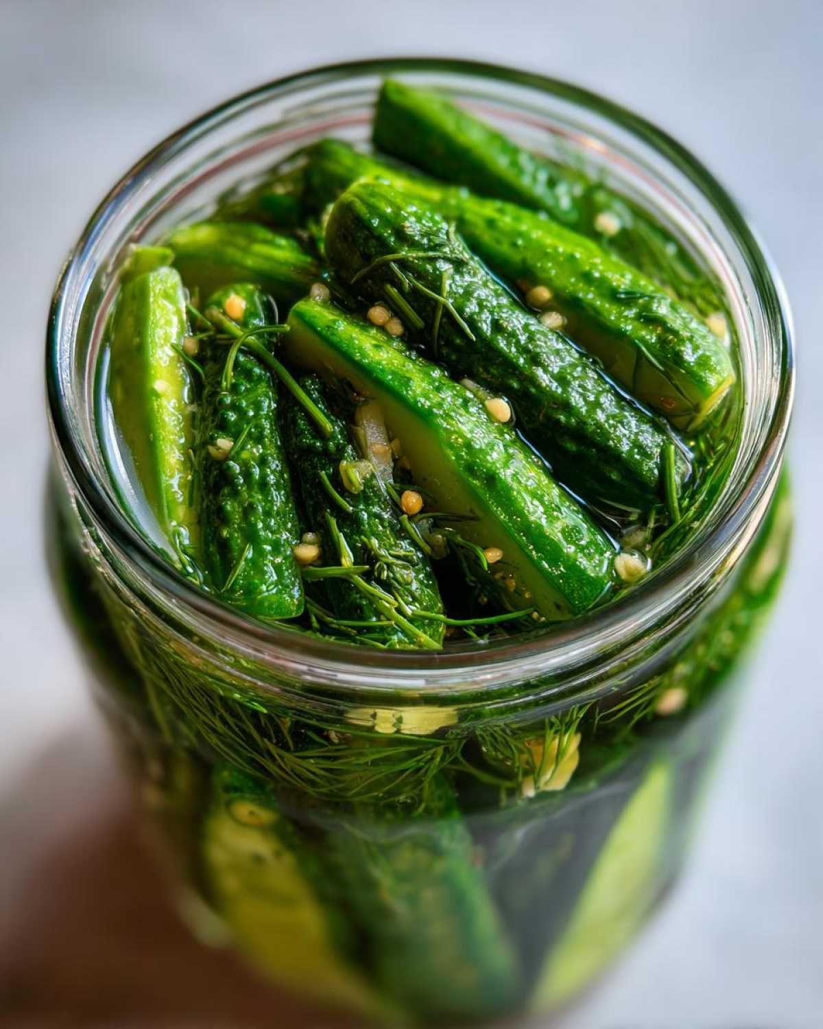 Close-up overhead view of crisp, green refrigerator pickles packed tightly in a glass jar with fresh dill and mustard seeds.