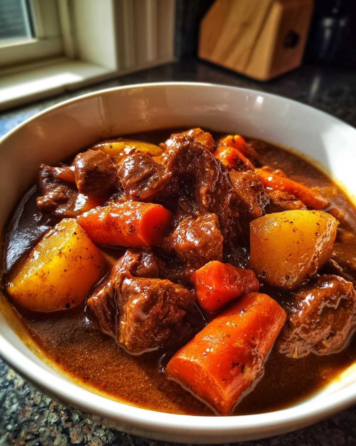 Close-up of a white bowl filled with rich, dark crockpot beef stew featuring tender beef chunks, carrots, and potatoes.