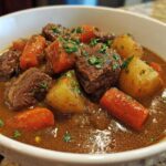 Close-up of a white bowl filled with rich crockpot beef stew featuring tender beef chunks, carrots, and potatoes, garnished with parsley.
