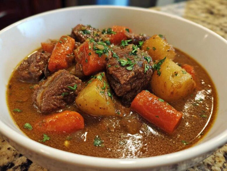 Close-up of a white bowl filled with rich crockpot beef stew featuring tender beef chunks, carrots, and potatoes, garnished with parsley.