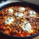 Close-up of hearty crockpot lasagna soup with meat sauce, noodles, and dollops of ricotta cheese.