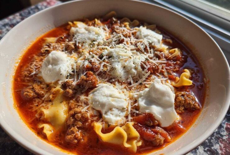 A bowl of rich, red crockpot lasagna soup topped with dollops of ricotta cheese, shredded parmesan, and herbs.