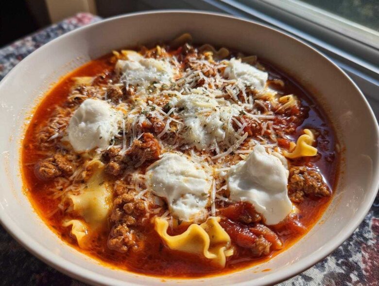 A bowl of rich, red crockpot lasagna soup topped with dollops of ricotta cheese, shredded parmesan, and herbs.
