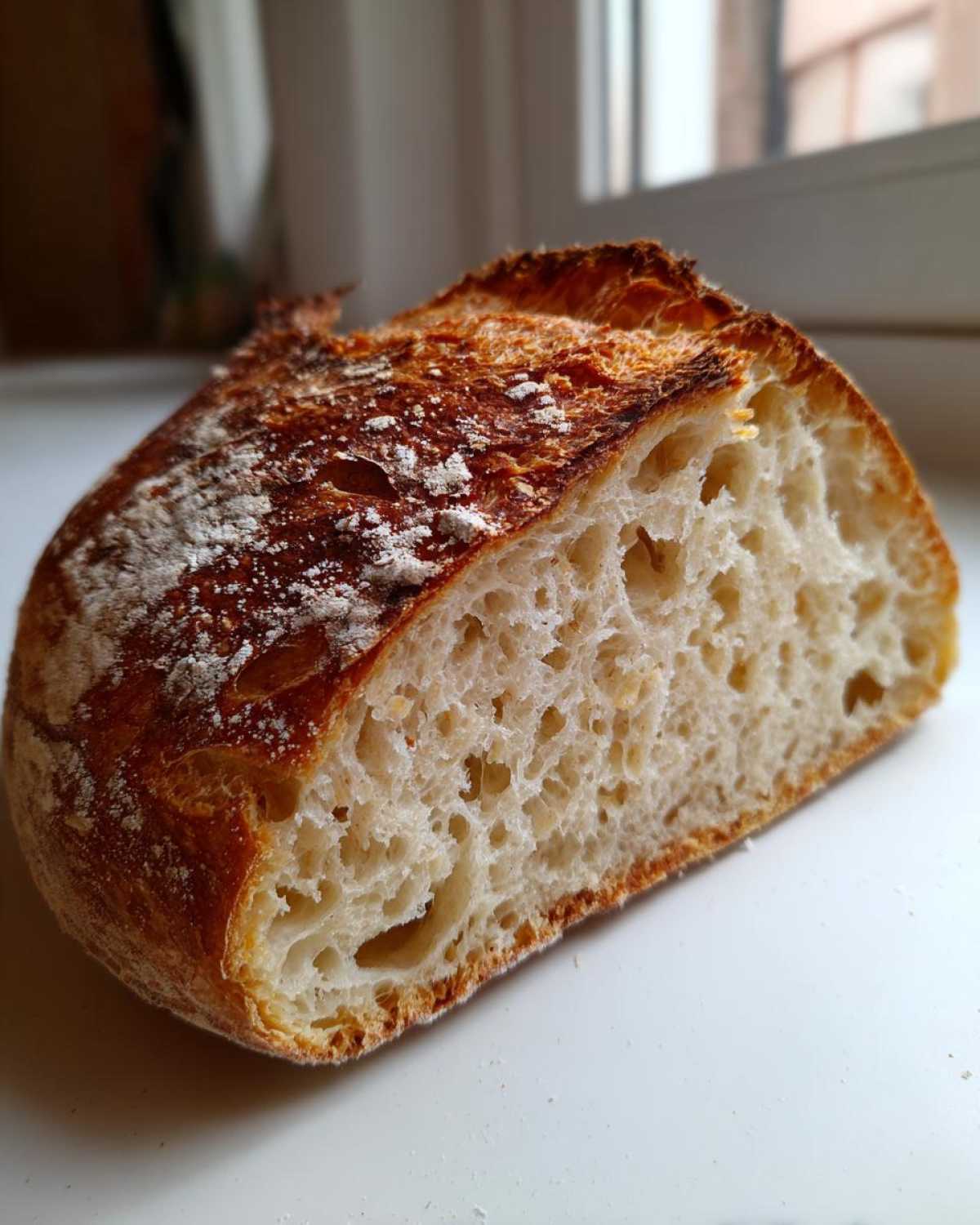 Close-up of a slice of crusty bread showing an open, airy crumb structure and dark golden crust.