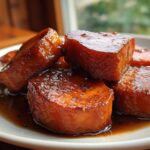 Close-up of thick-cut candied sweet potatoes glistening in a rich brown syrup on a white plate.