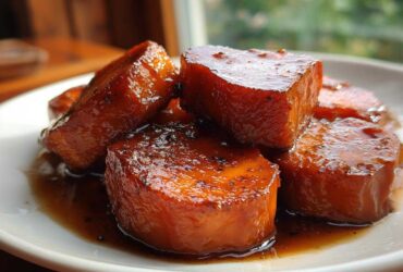 Close-up of thick-cut candied sweet potatoes glistening in a rich brown syrup on a white plate.