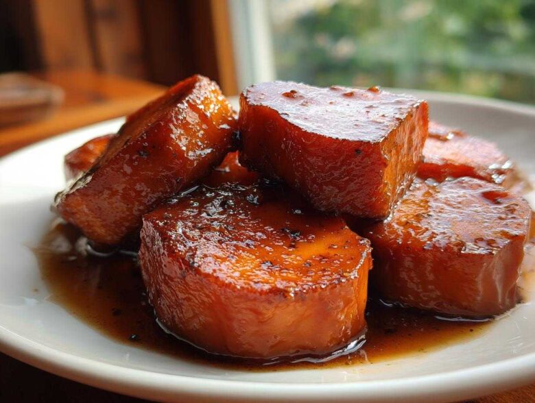 Close-up of thick-cut candied sweet potatoes glistening in a rich brown syrup on a white plate.