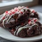 Close-up of rich double chocolate peppermint cookies drizzled with white chocolate and topped with crushed candy canes.