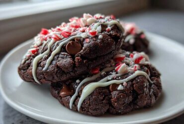 Close-up of rich double chocolate peppermint cookies drizzled with white chocolate and topped with crushed candy canes.