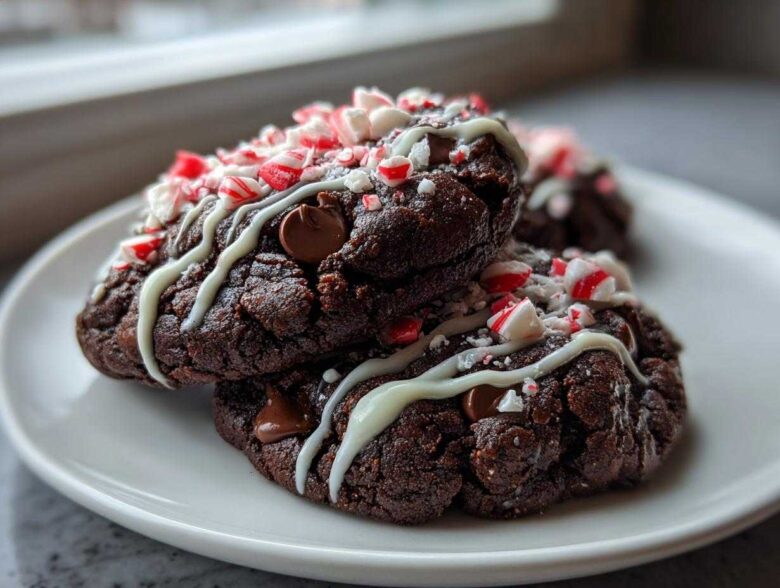 Close-up of rich double chocolate peppermint cookies drizzled with white chocolate and topped with crushed candy canes.