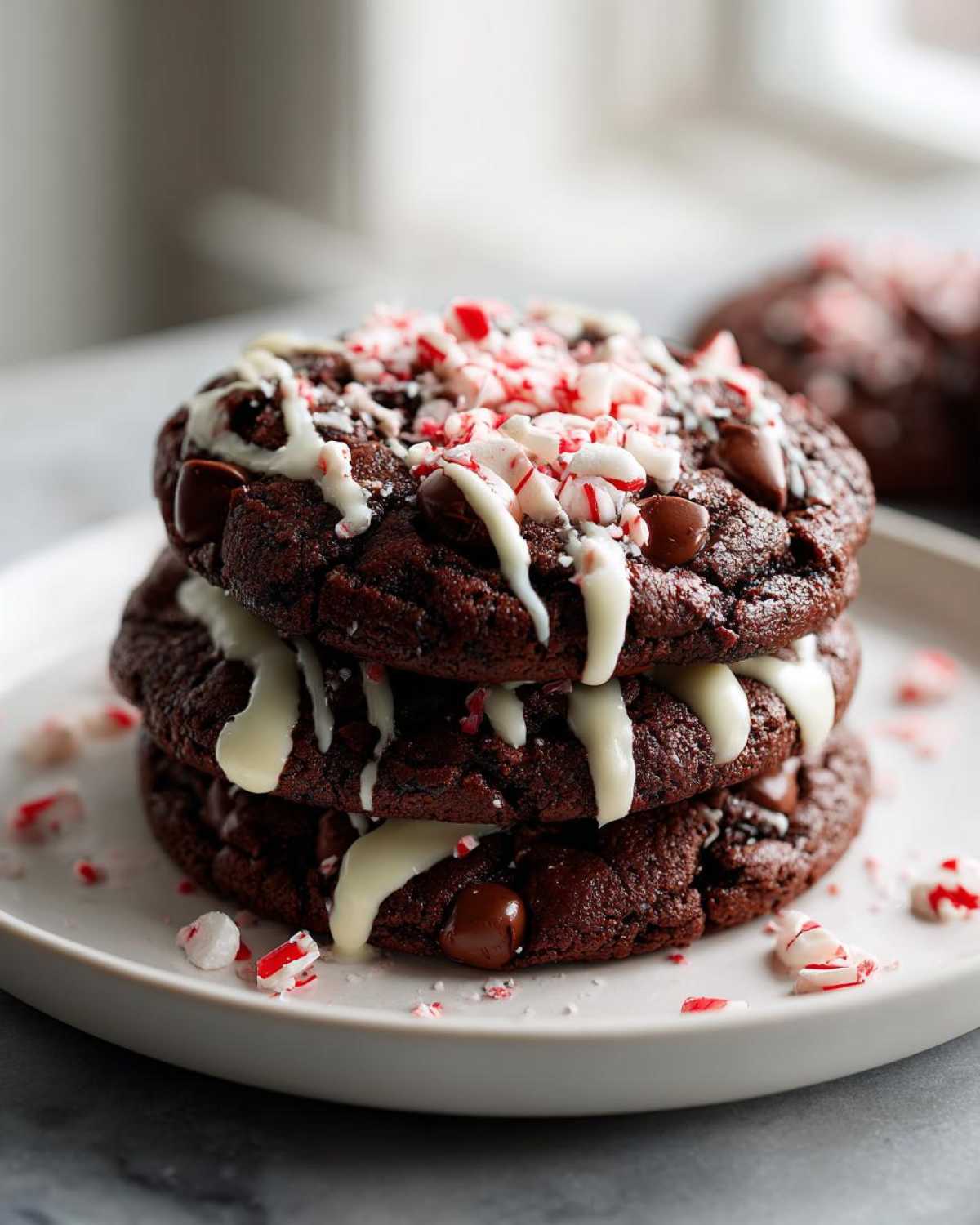 A stack of three rich double chocolate peppermint cookies drizzled with white chocolate and topped with crushed candy canes.