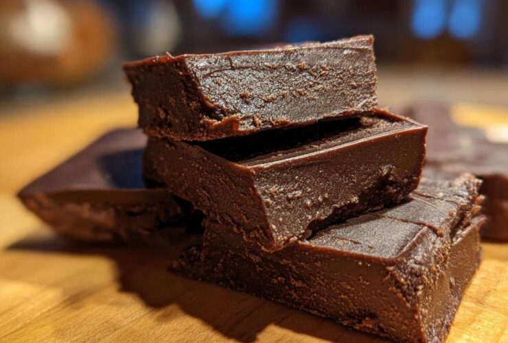 A stack of rich, dark chocolate fudge pieces resting on a wooden surface, showcasing the texture of the easy fudge.