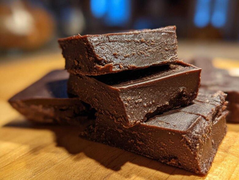 A stack of rich, dark chocolate fudge pieces resting on a wooden surface, showcasing the texture of the easy fudge.
