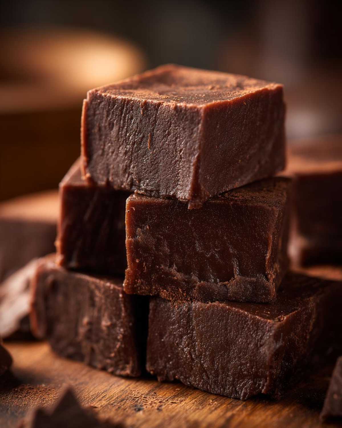 Close-up of rich, dark chocolate fudge squares stacked on a wooden surface, dusted lightly with cocoa powder.