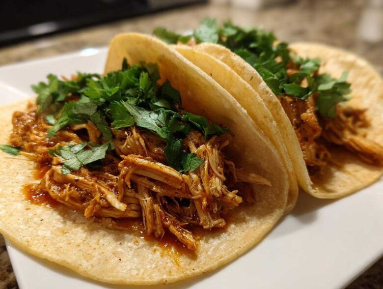Close-up of three soft corn tortillas filled with saucy shredded chicken and topped generously with fresh cilantro for easy chicken tacos.