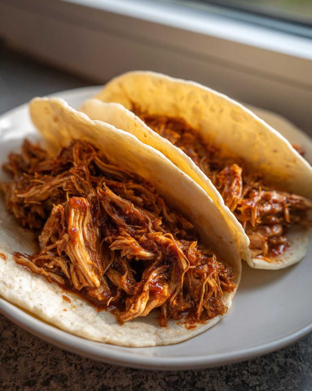 Two soft corn tortillas filled generously with saucy, shredded meat for easy chicken tacos.