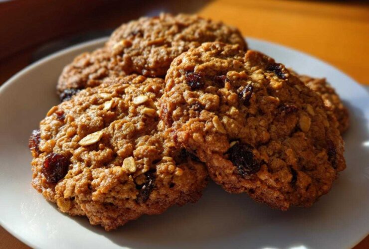 Close-up of several golden brown oatmeal raisin cookies stacked slightly on a white plate, catching warm sunlight.